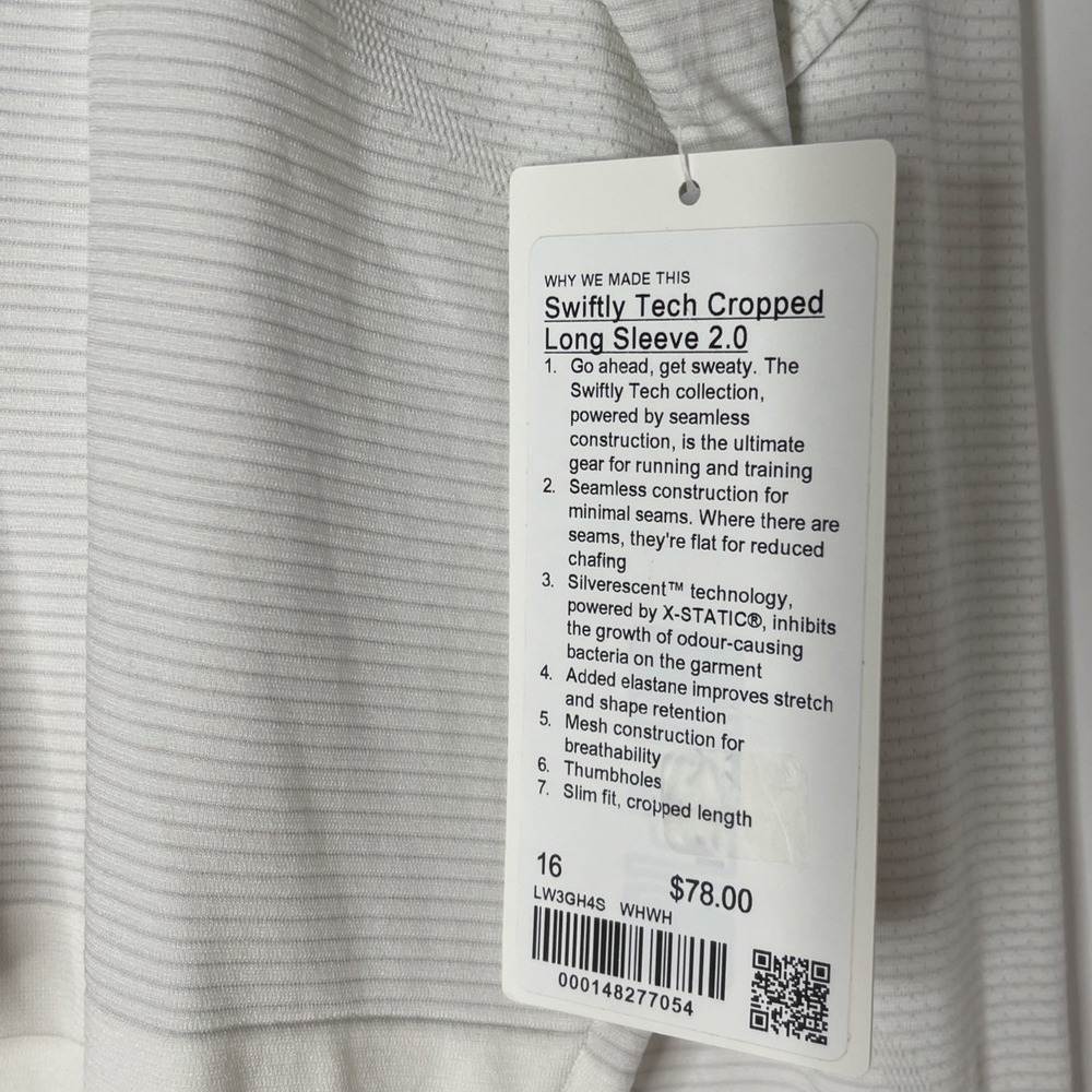 Lululemon Swiftly Tech2.0 Long Sleeve Cropped Size 16 WHWH NWT - Picture 2 of 3